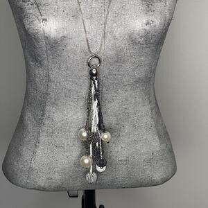 Jules B necklace jewelry Silver tone long chain link w micro bead tassel pendant